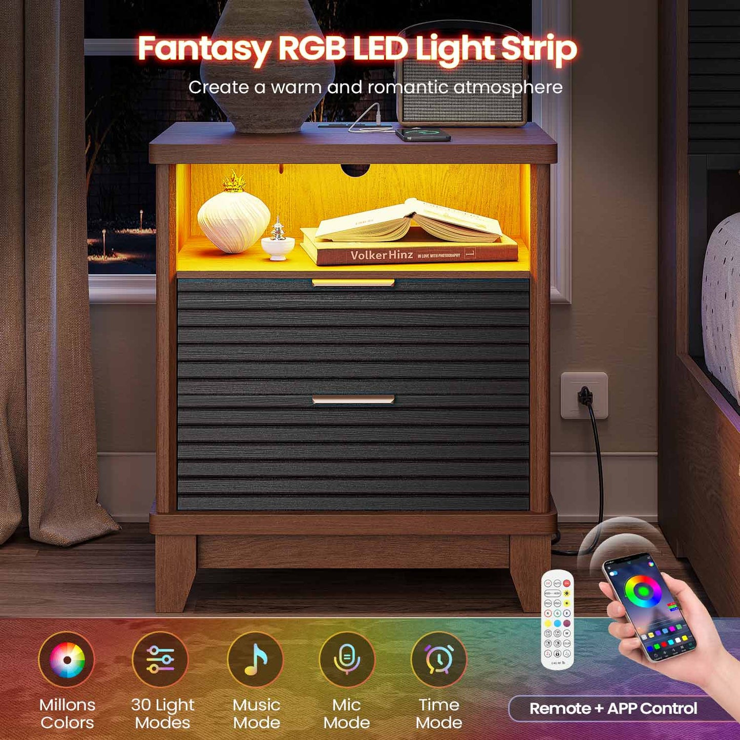 2PCS Fluted Nightstand with Charging Station and Led Lights Black