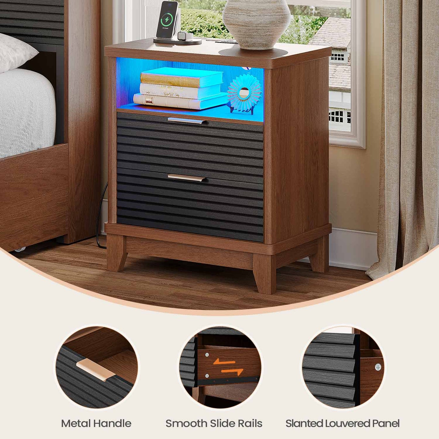 2PCS Fluted Nightstand with Charging Station and Led Lights Black