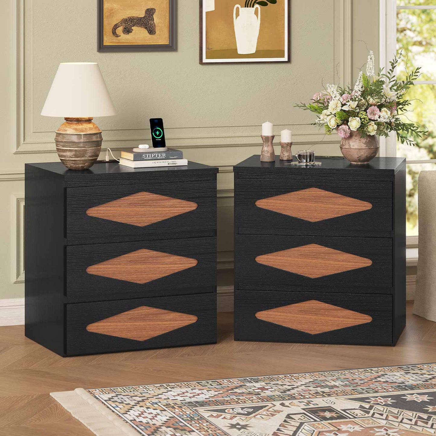Nightstand with Charging Station Black
