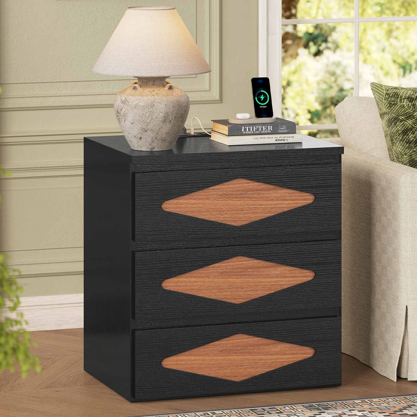 Nightstand with Charging Station Black