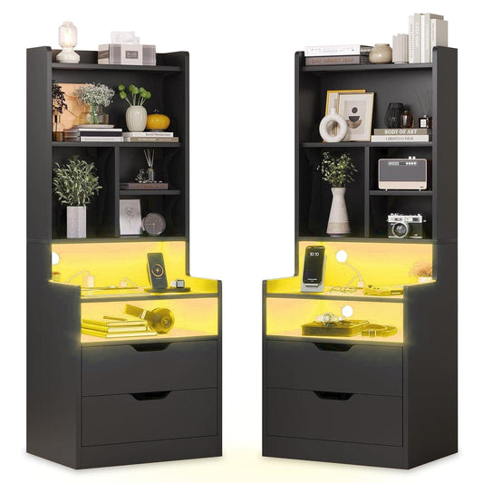 2PCS LED Tall Nightstand with Bookshelf Black
