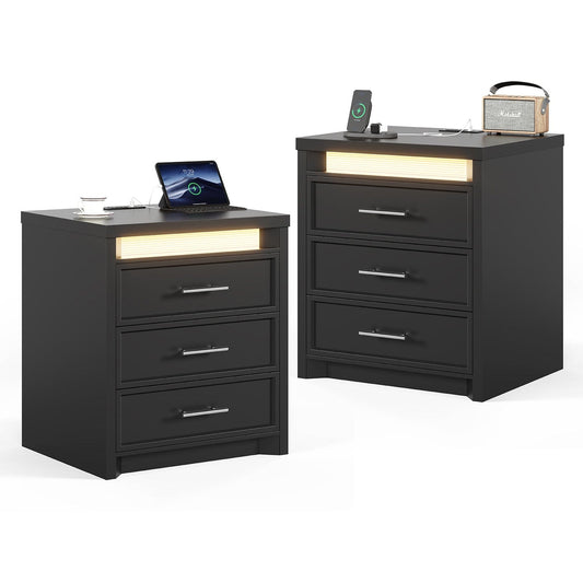 2PCS Nightstand with 3 Drawers and Led Lights Black