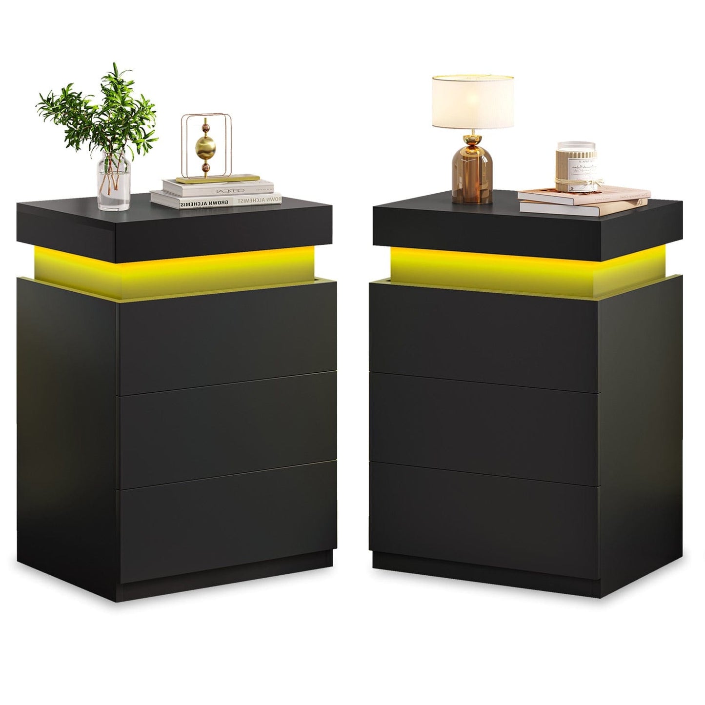 2PCS Nightstand with LED Lights Charging Station Black
