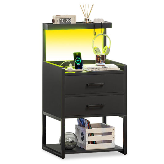 LED Nightstand with Charging Station Black