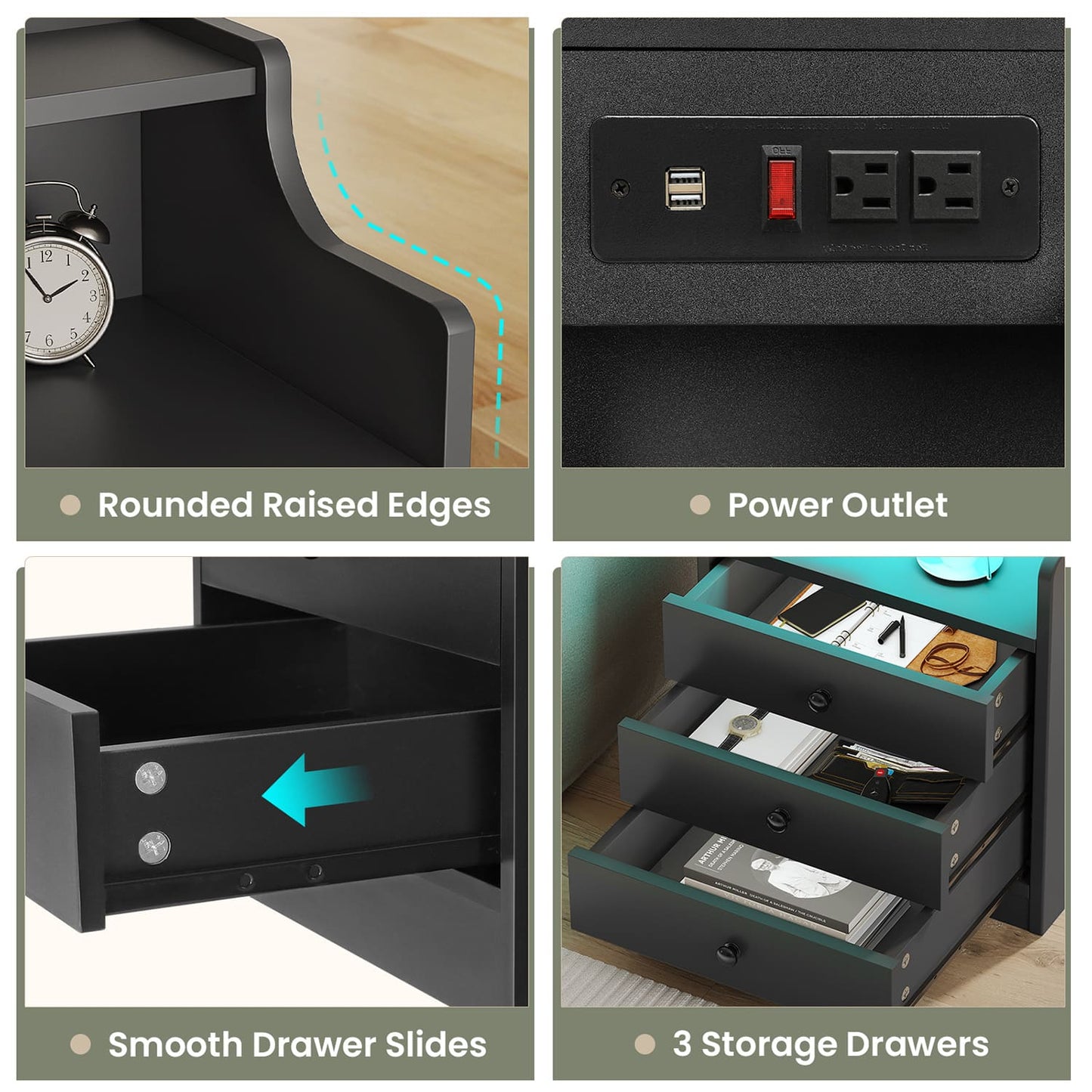 LED Nightstand with 3 Storage Drawers Black
