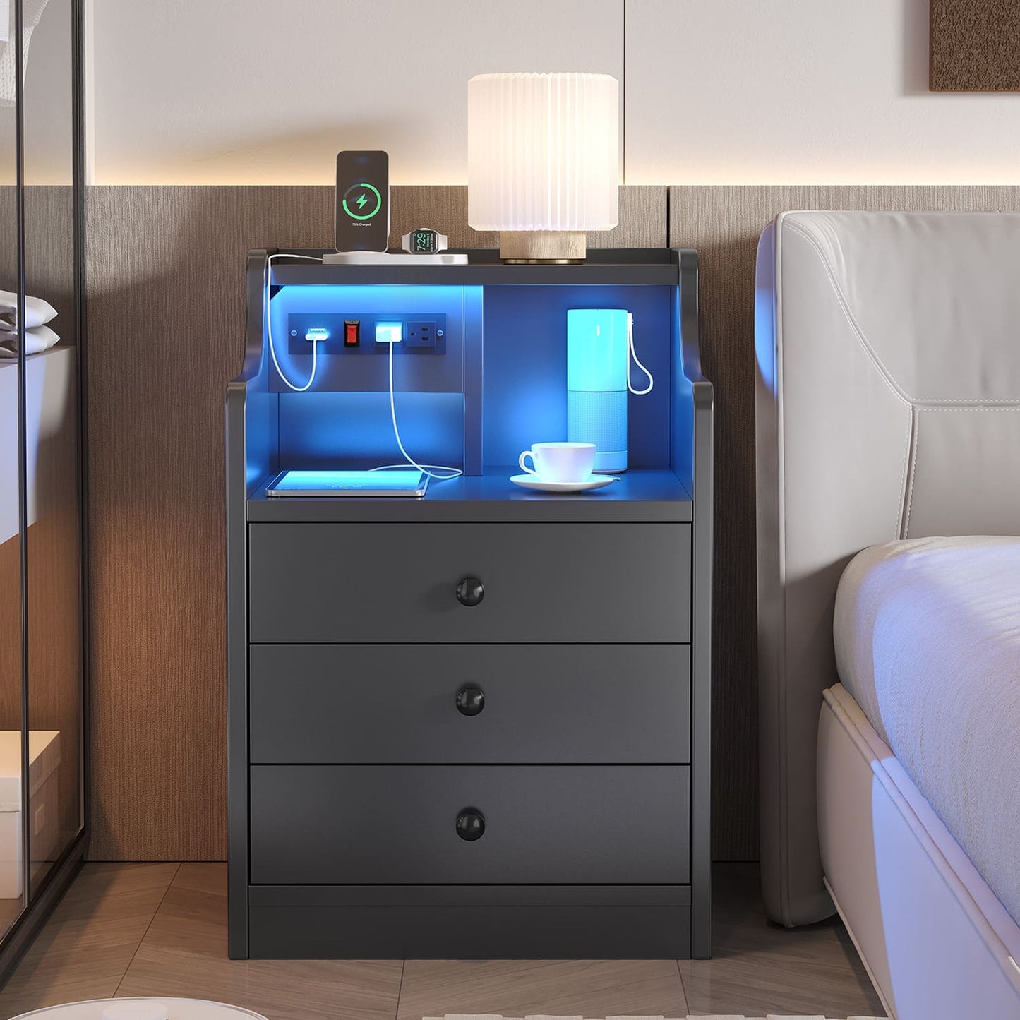 LED Nightstand with 3 Storage Drawers Black