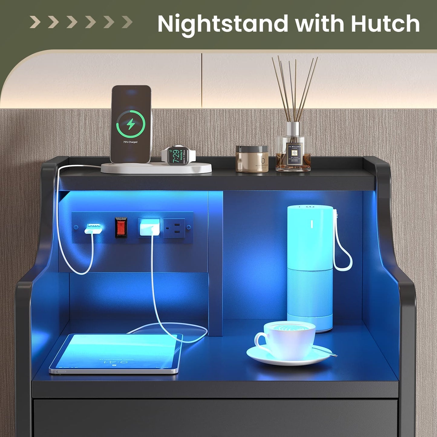 LED Nightstand with 3 Storage Drawers Black