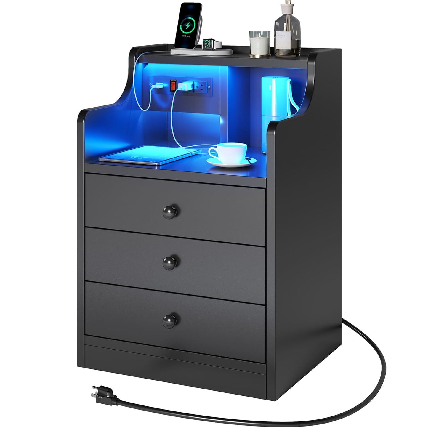 LED Nightstand with 3 Storage Drawers Black