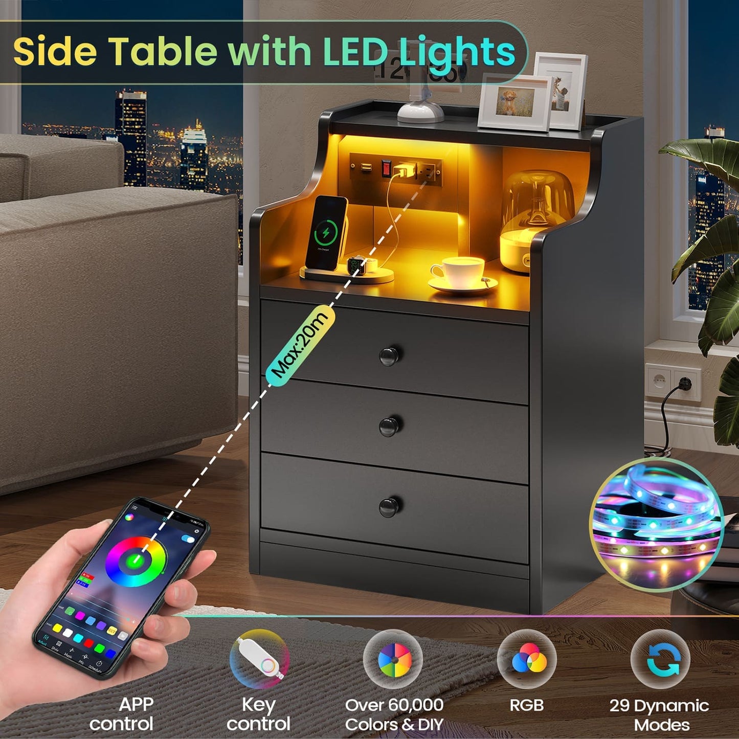 LED Nightstand with 3 Storage Drawers Black