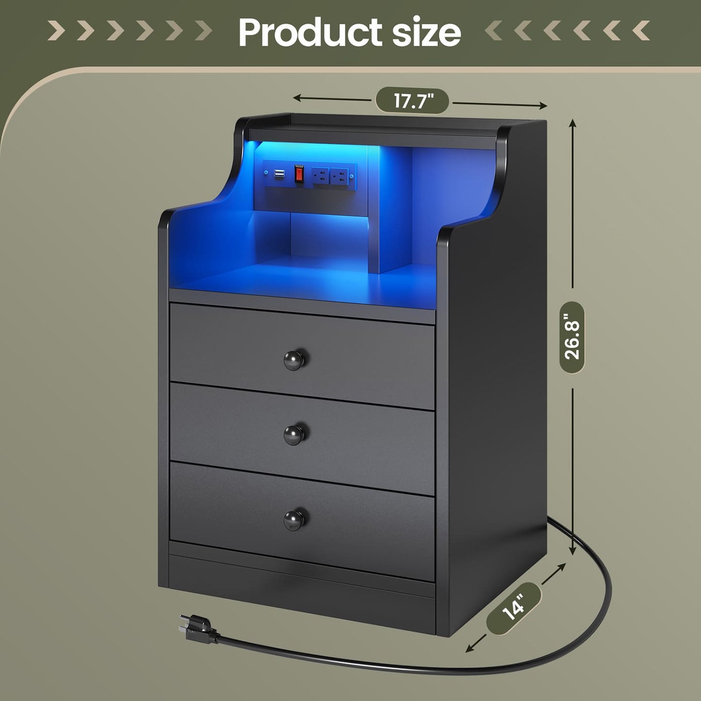 LED Nightstand with 3 Storage Drawers Black