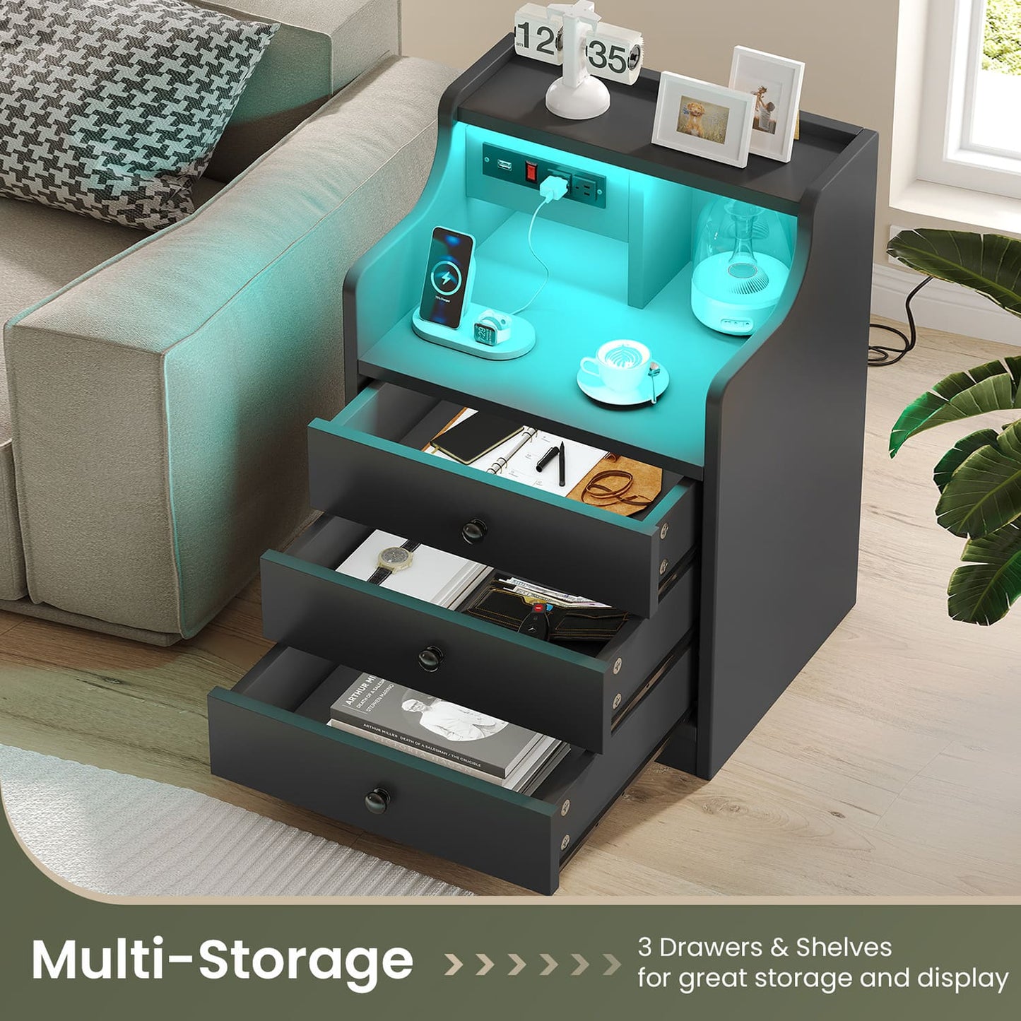 LED Nightstand with 3 Storage Drawers Black