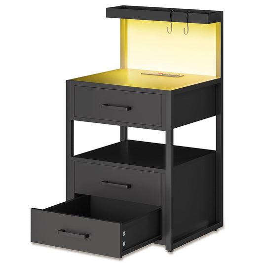 LED Nightstand with 3 Drawers Charging Station Black