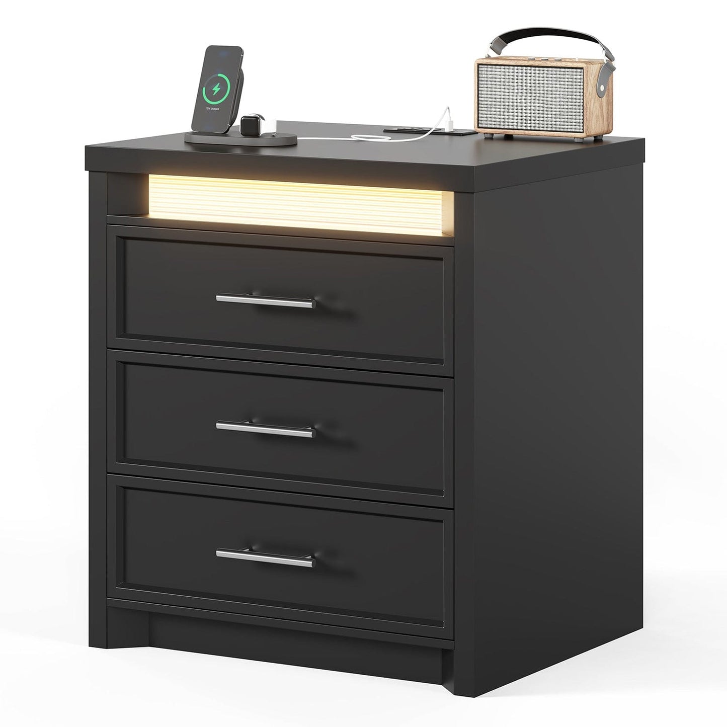 Nightstand with 3 Drawers and Led Lights Black