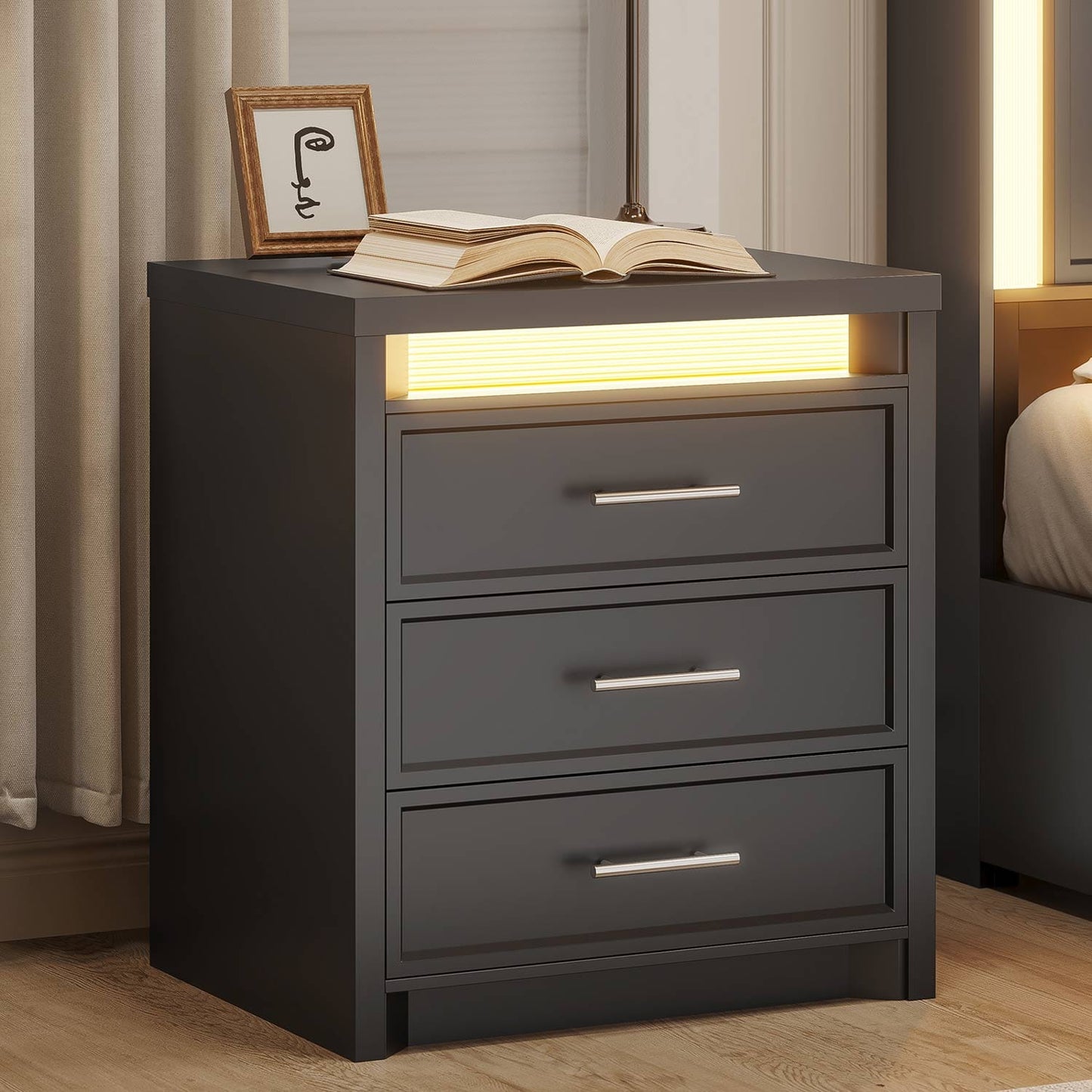 Nightstand with 3 Drawers and Led Lights Black