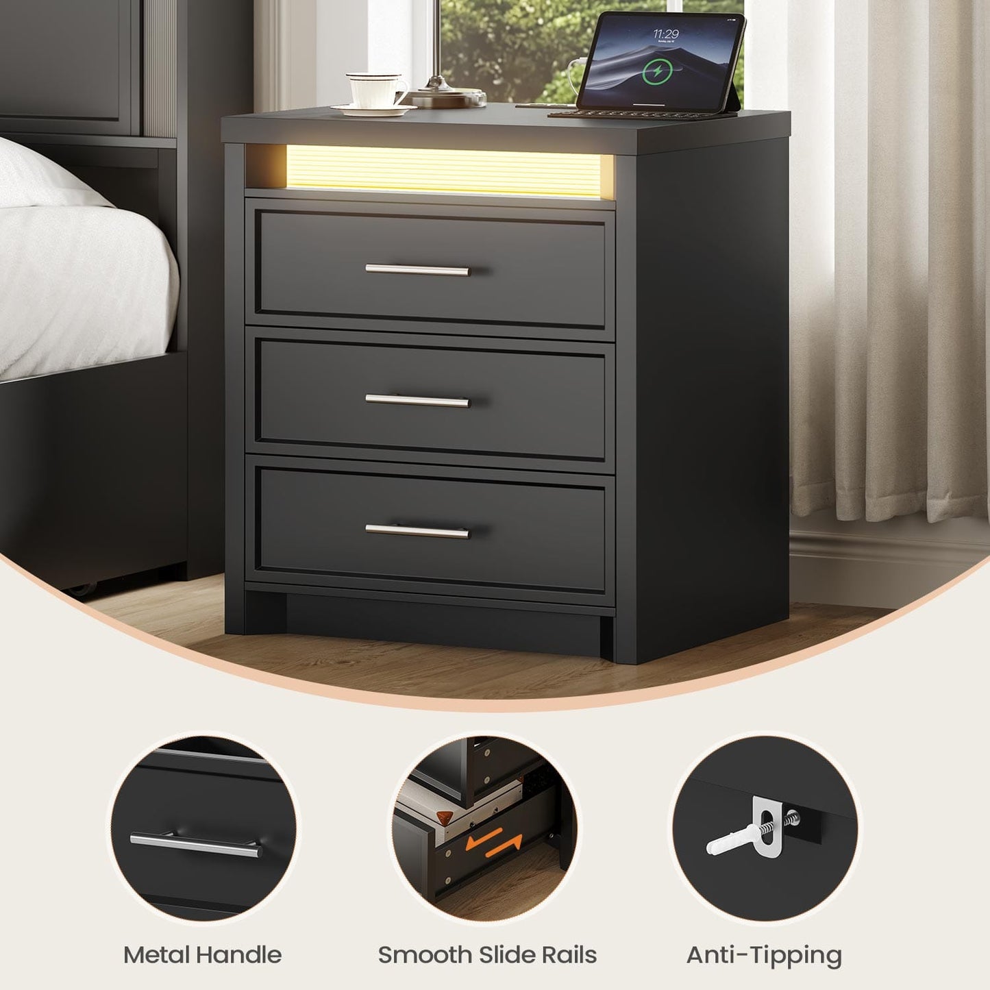 Nightstand with 3 Drawers and Led Lights Black