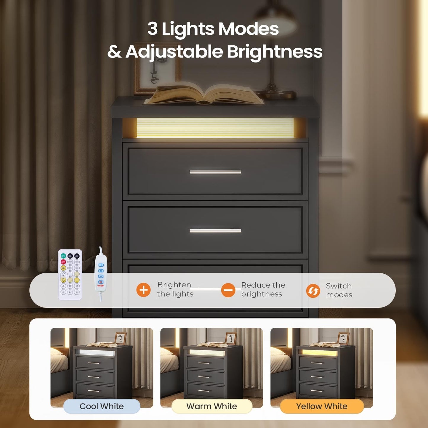 Nightstand with 3 Drawers and Led Lights Black
