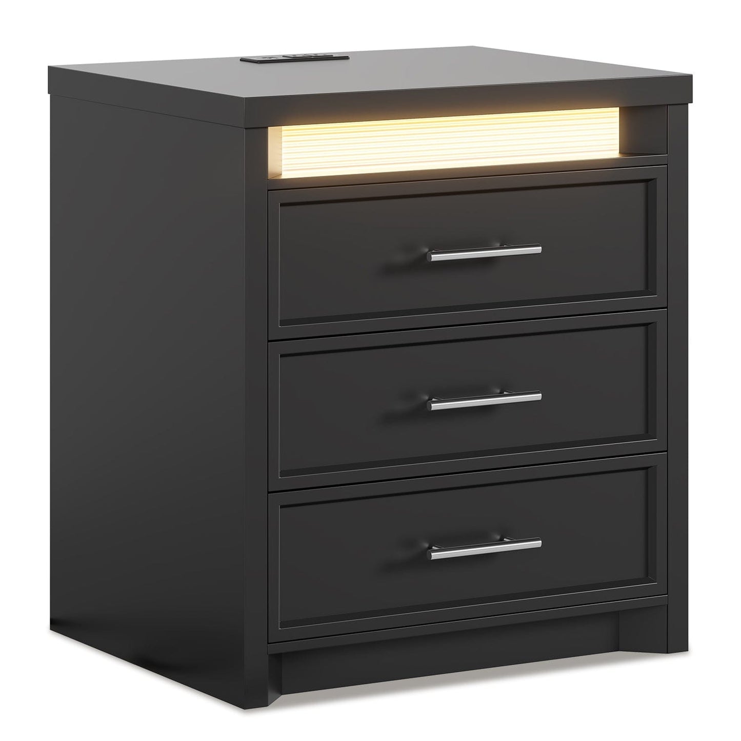 Nightstand with 3 Drawers and Led Lights Black