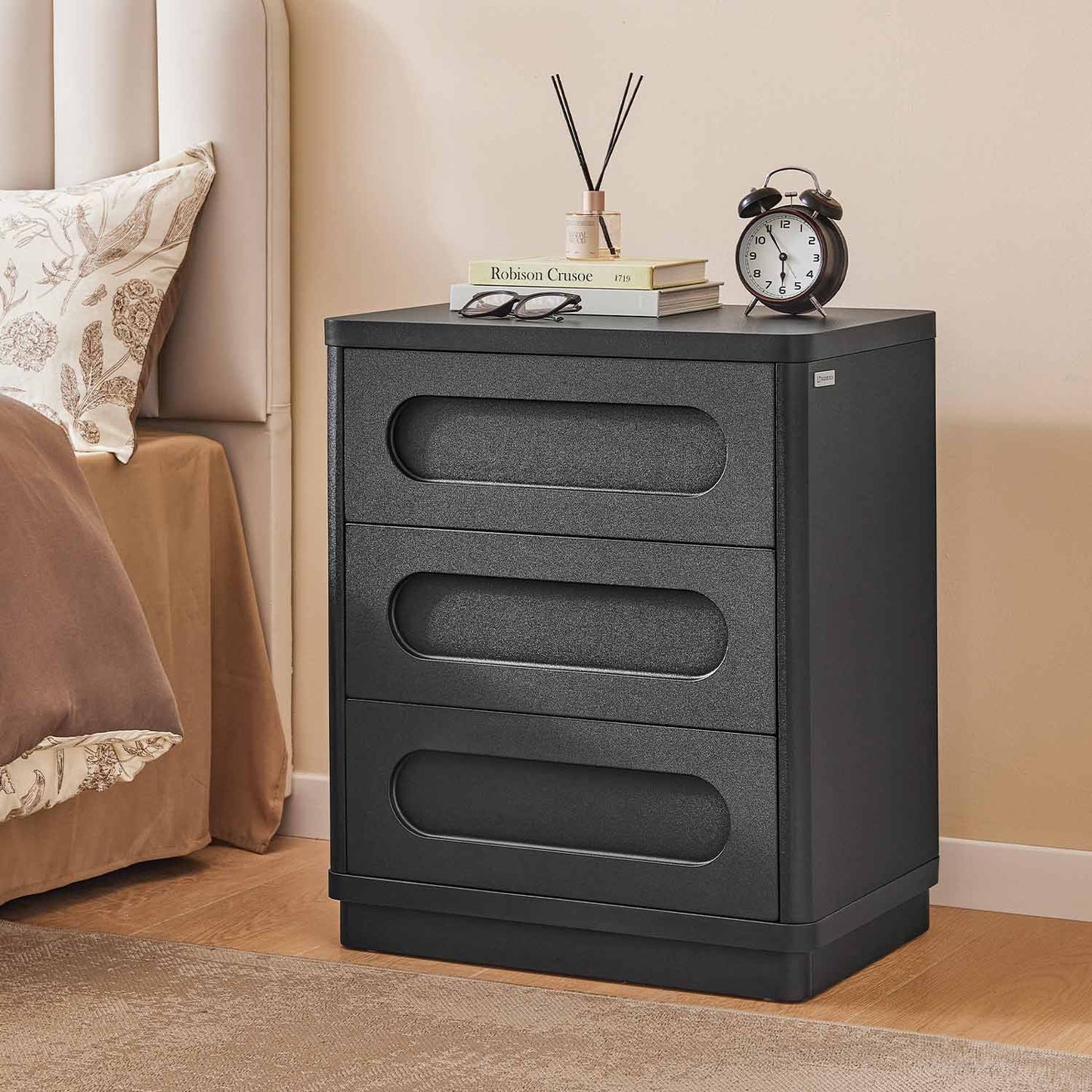 2PCS Nightstand with 3 Drawers Black
