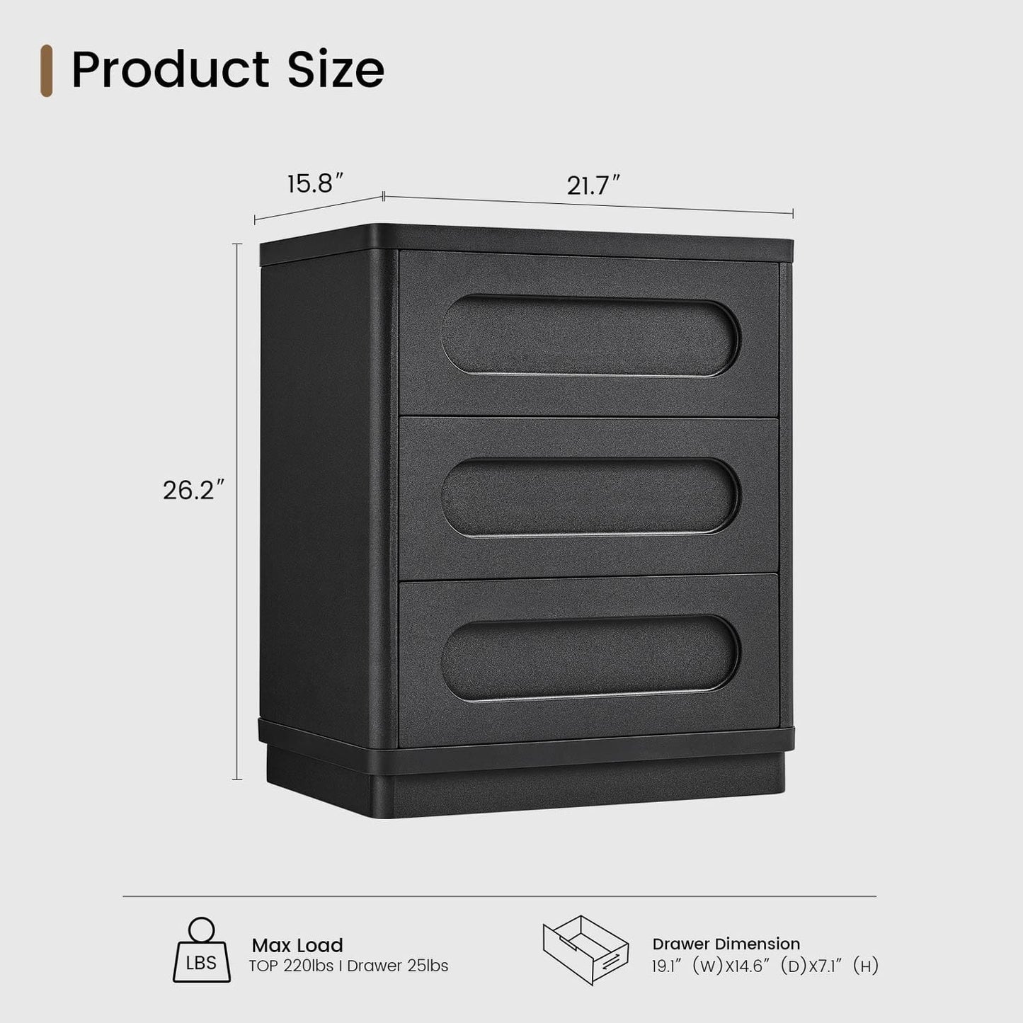 2PCS Nightstand with 3 Drawers Black