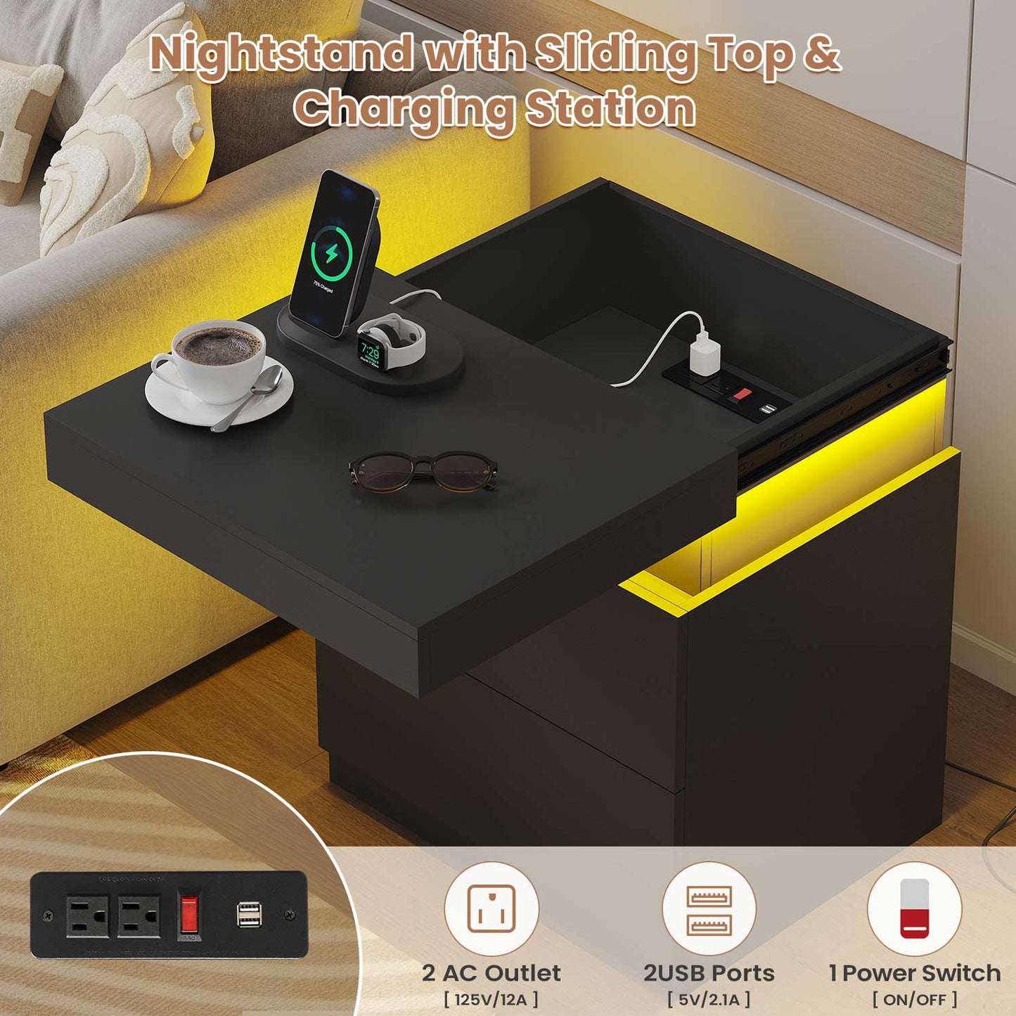 Nightstand with Sliding Top and 2 Drawers Black