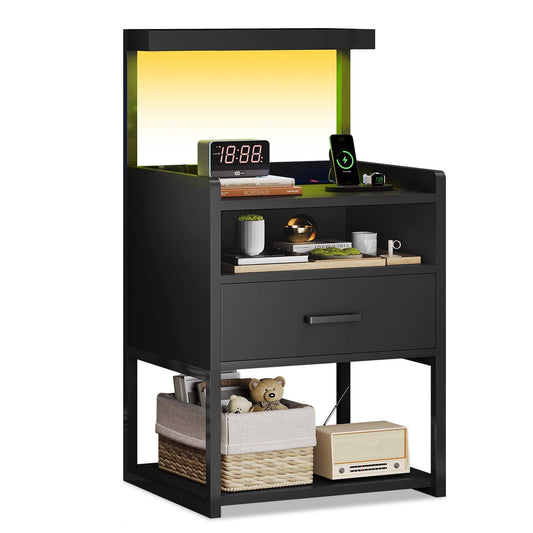 LED Nightstand with Charging Station Black