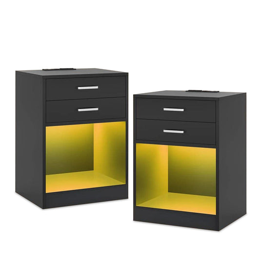 2Pcs LED Nightstand with Power Outlets Black