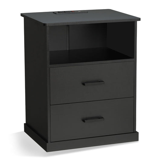 Nightstand with 2 Drawers Charging Station Black