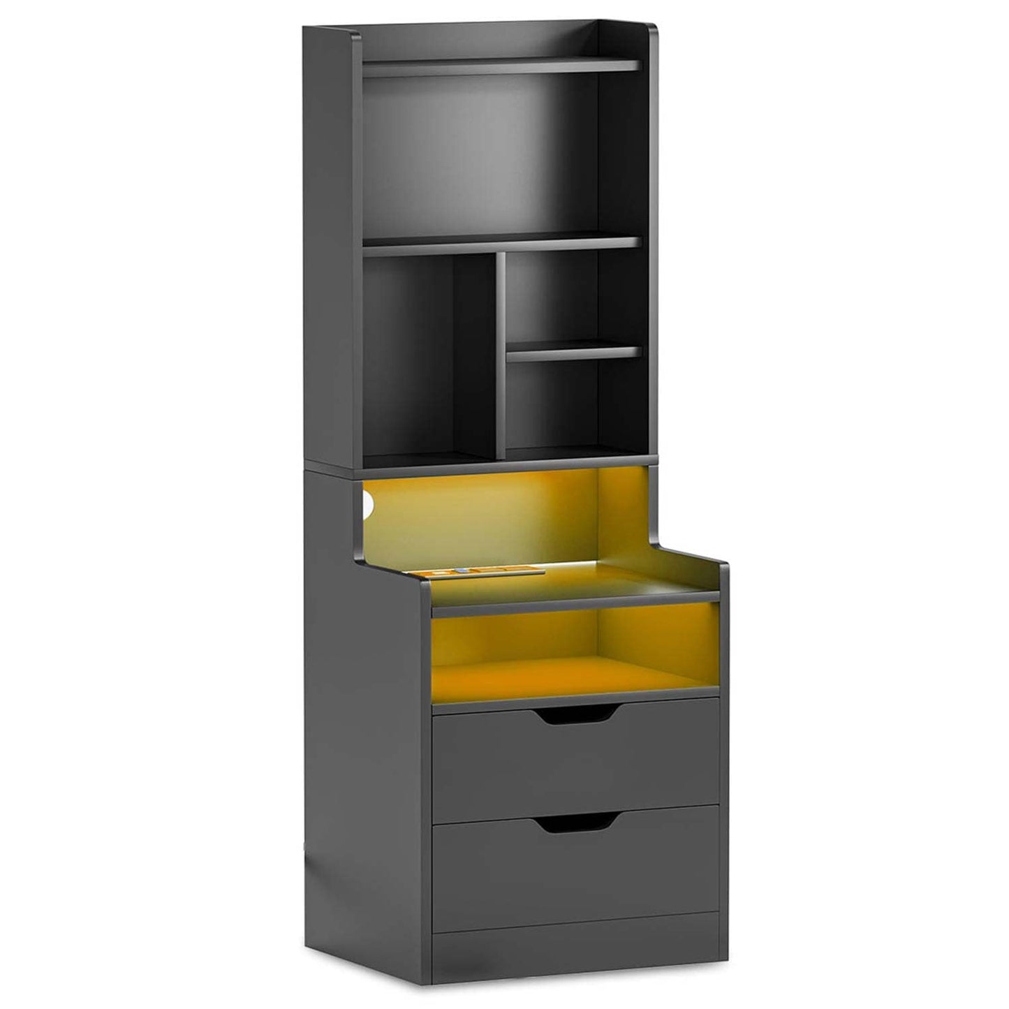 LED Tall Nightstand with Bookshelf Charging Station Black