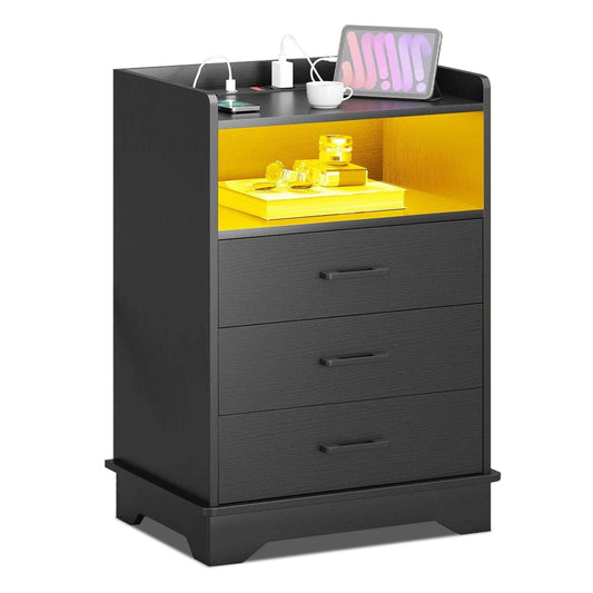 LED Nightstand with 3 Drawers Charging Station Black