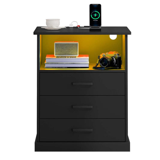LED Nightstand with 3 Storage Drawers Black