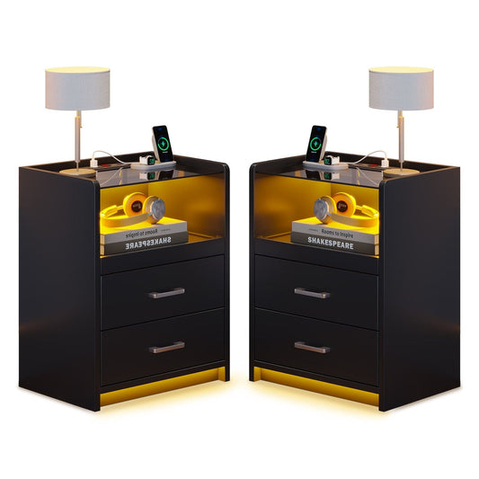 2 Pack LED Nightstand with 2 Storage Drawers Black