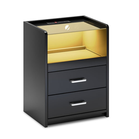 LED Nightstand with 2 Storage Drawers Black