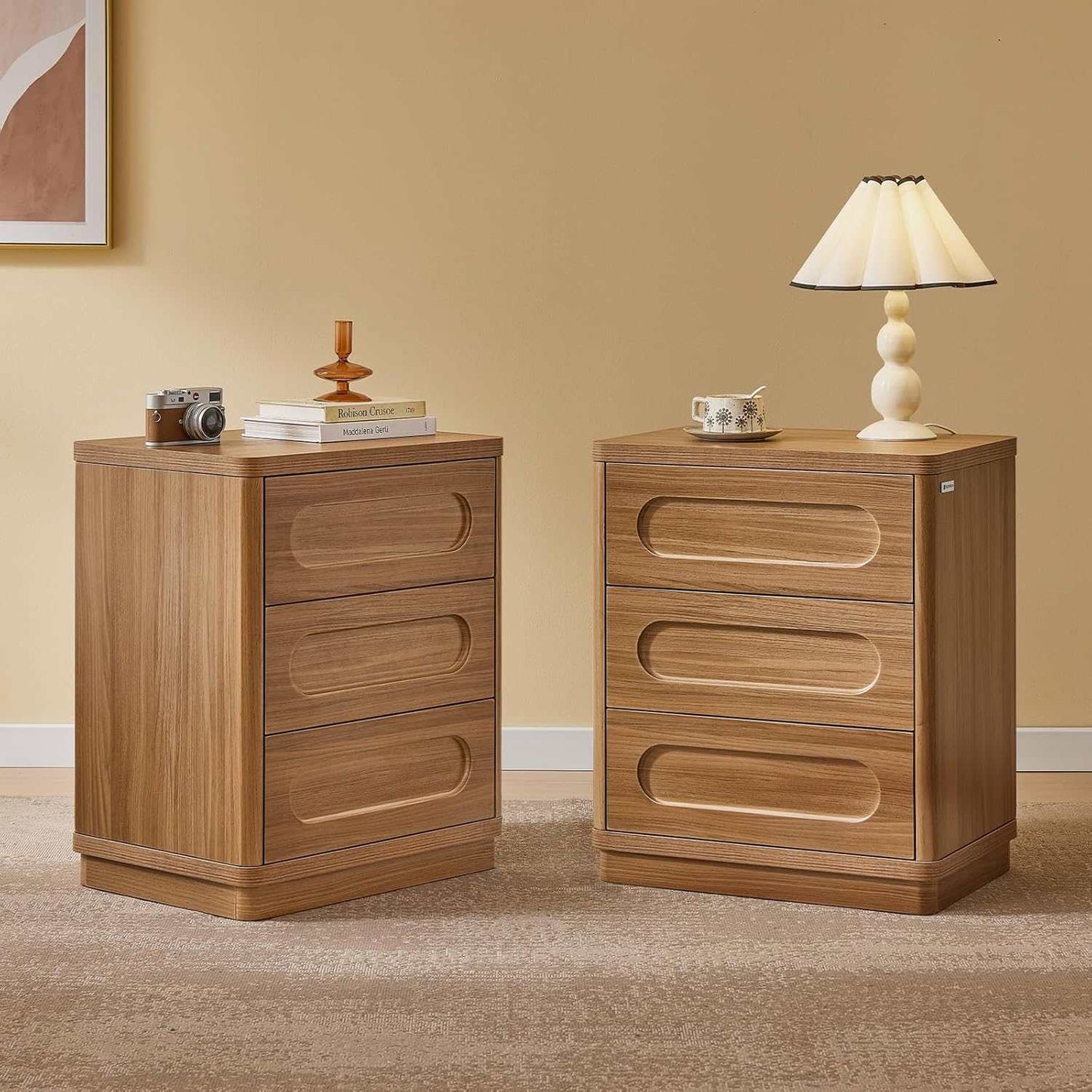 2PCS Nightstand with 3 Drawers Oak Brown