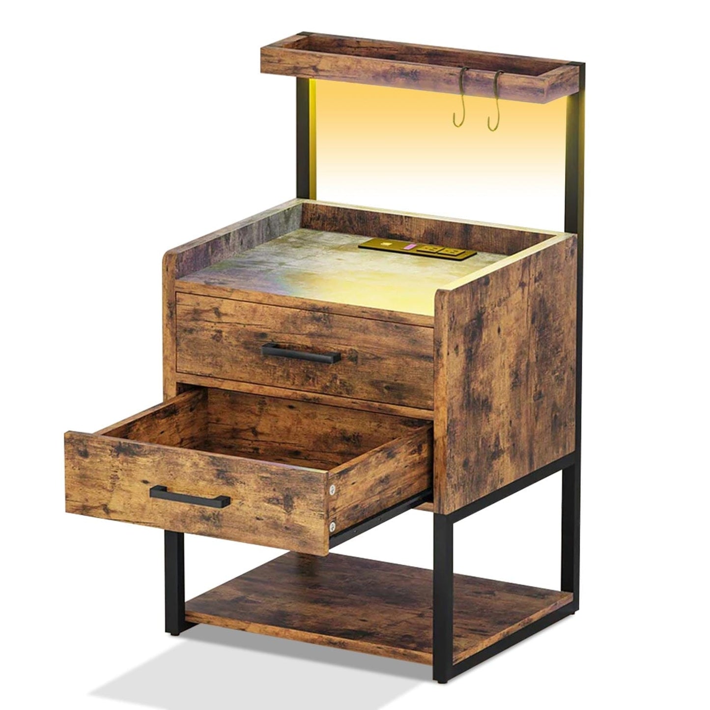 LED Nightstand with Charging Station Brown
