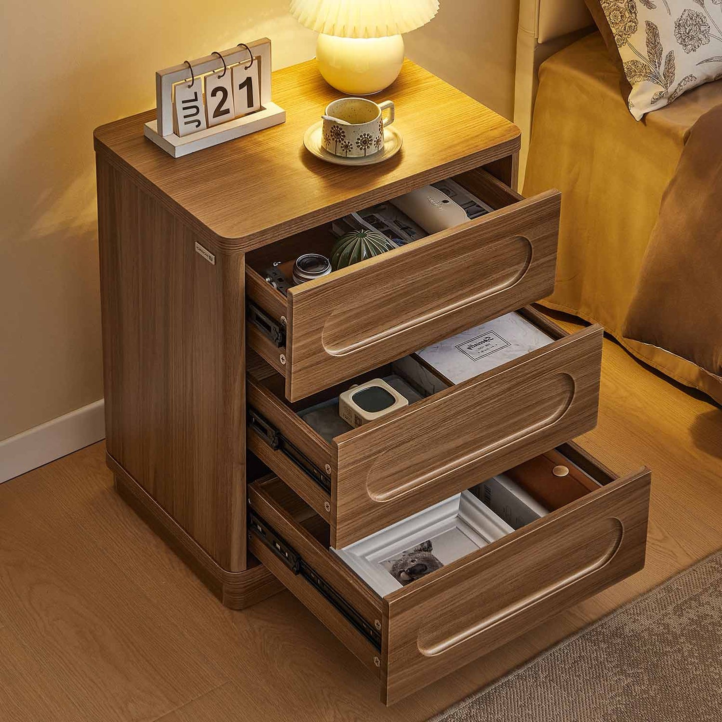 2PCS Nightstand with 3 Drawers Oak Brown