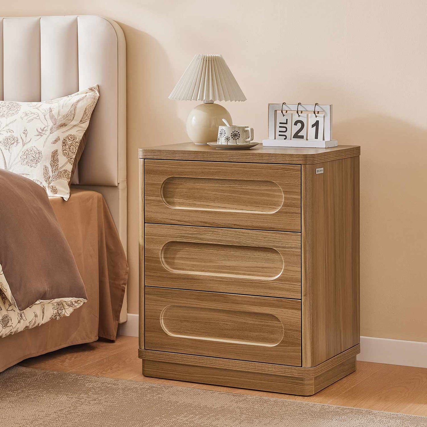 2PCS Nightstand with 3 Drawers Oak Brown