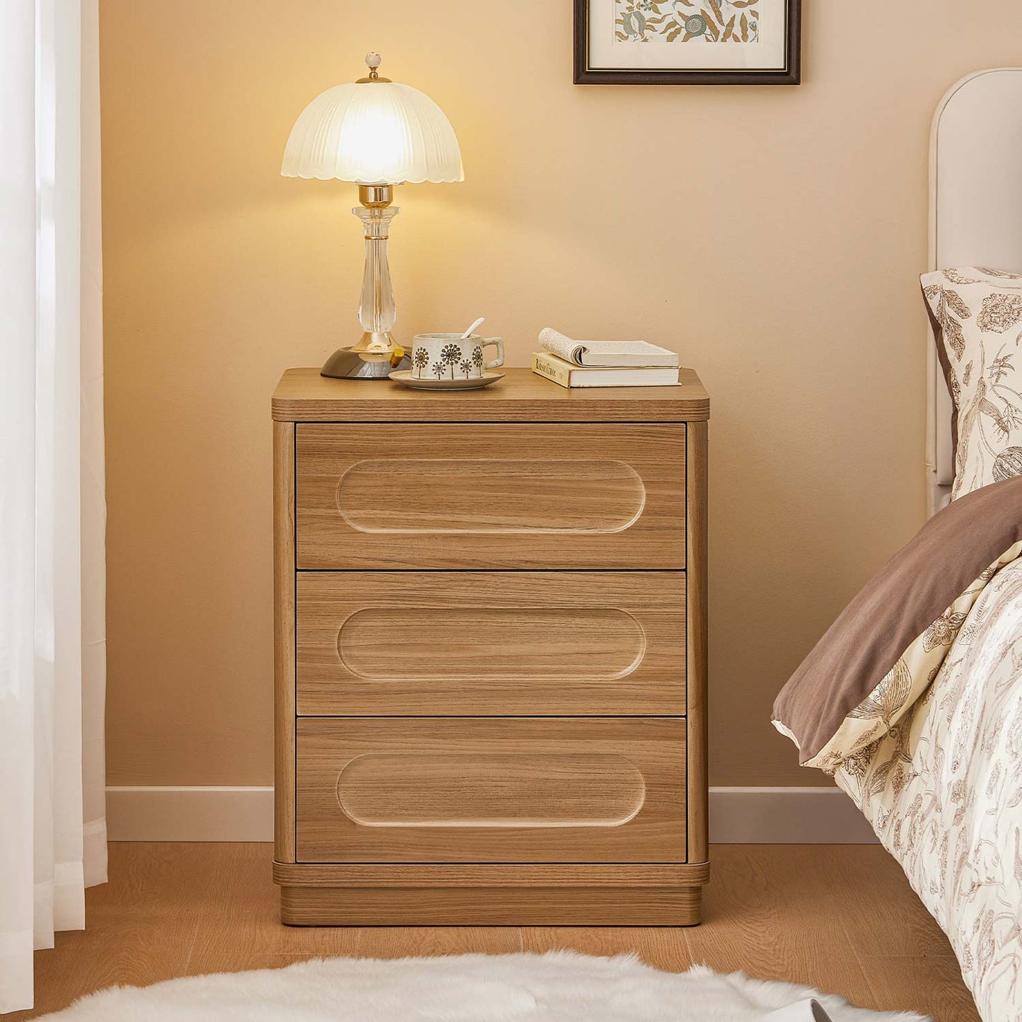 2PCS Nightstand with 3 Drawers Oak Brown