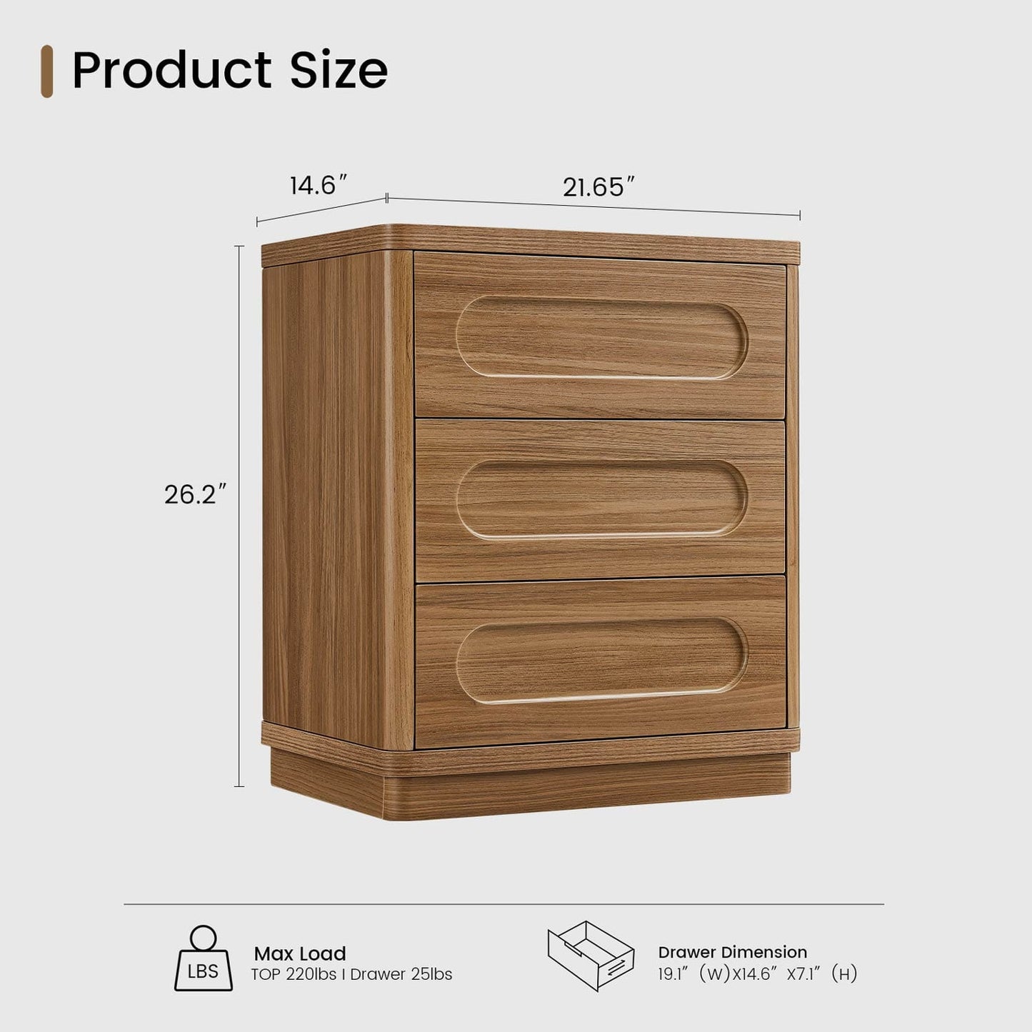 2PCS Nightstand with 3 Drawers Oak Brown