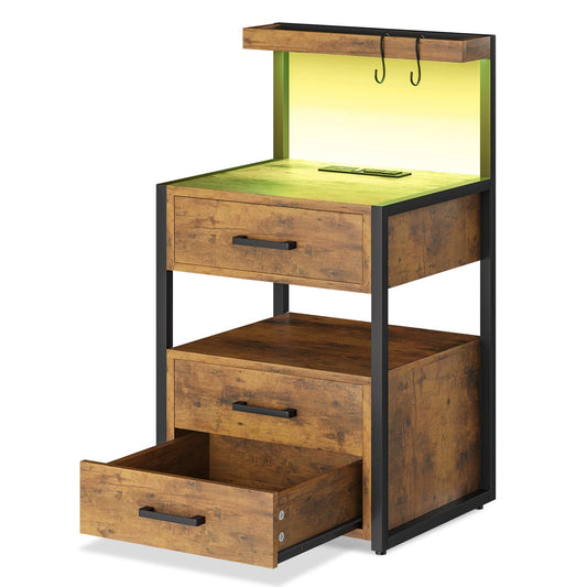 LED Nightstand with 3 Drawers Charging Station Brown