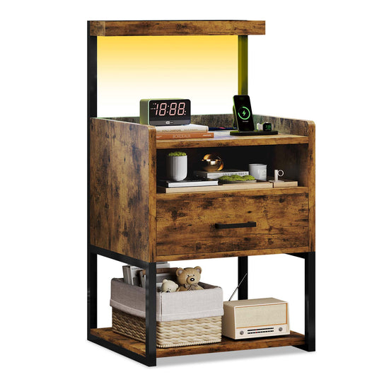 LED Nightstand with Charging Station Brown