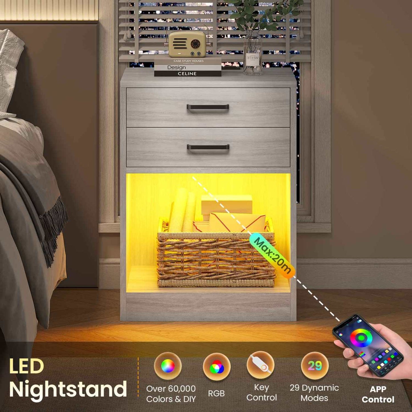 2Pcs LED Nightstand with Power Outlets Grey