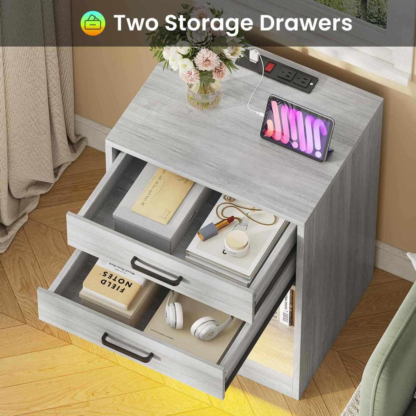 2Pcs LED Nightstand with Power Outlets Grey