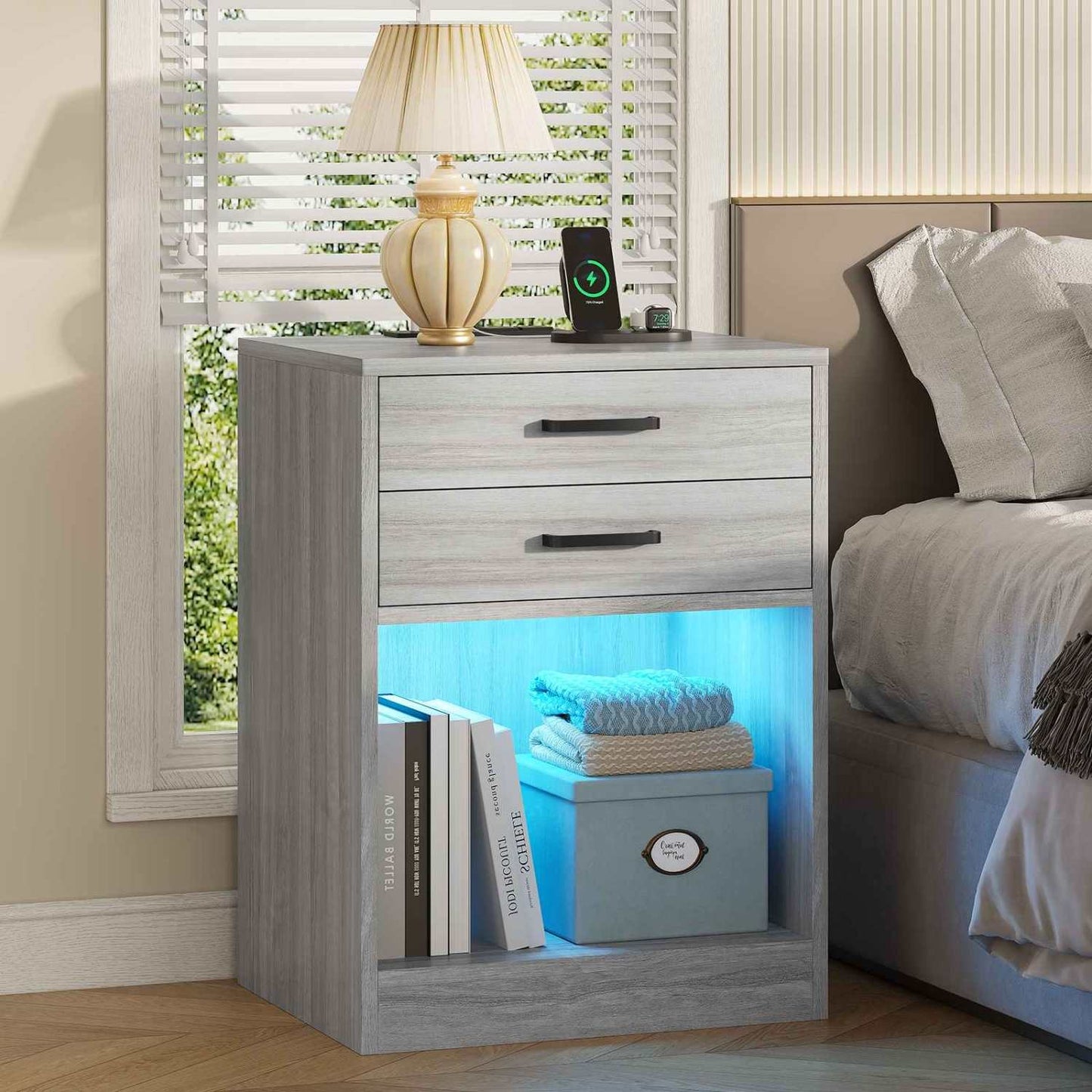 2Pcs LED Nightstand with Power Outlets Grey