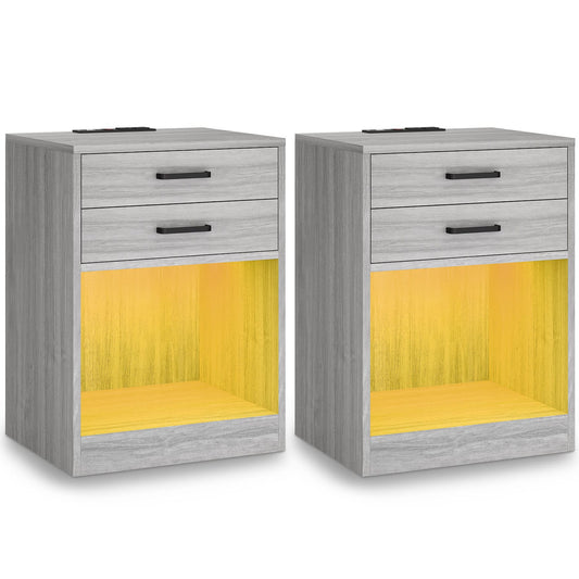 2Pcs LED Nightstand with Power Outlets Grey