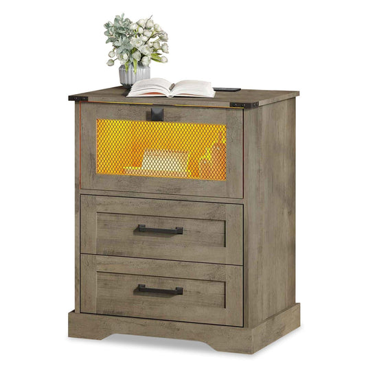 LED Nightstand with 2 Drawers Oak Grey