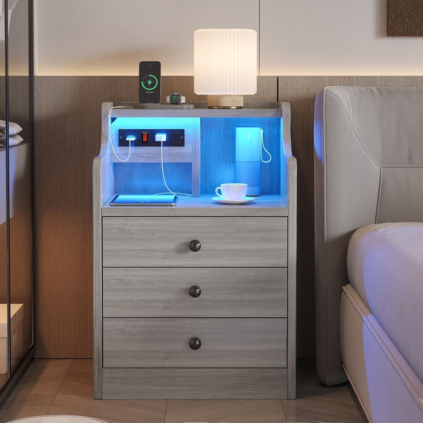 LED Nightstand with 3 Storage Drawers Grey