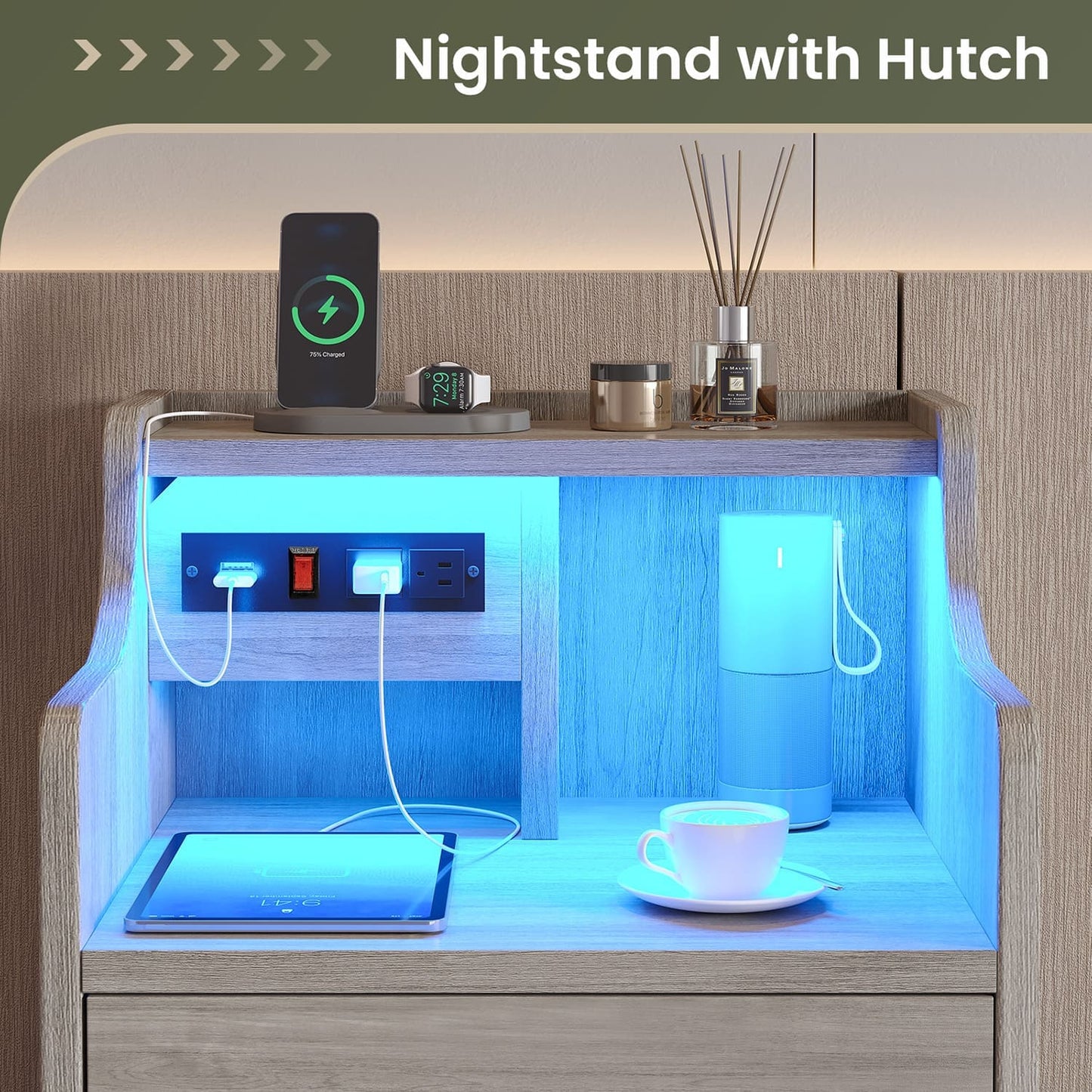 LED Nightstand with 3 Storage Drawers Grey