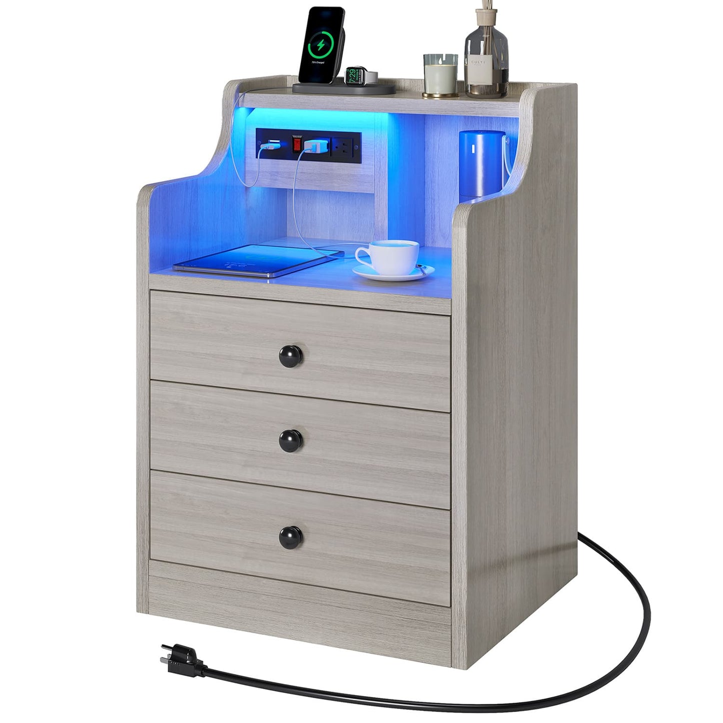 LED Nightstand with 3 Storage Drawers Grey