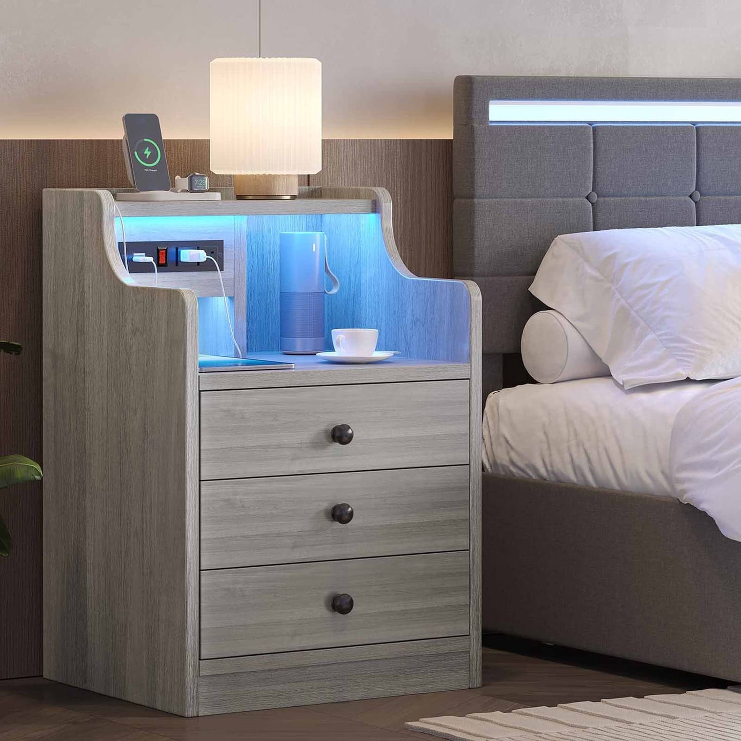 LED Nightstand with 3 Storage Drawers Grey