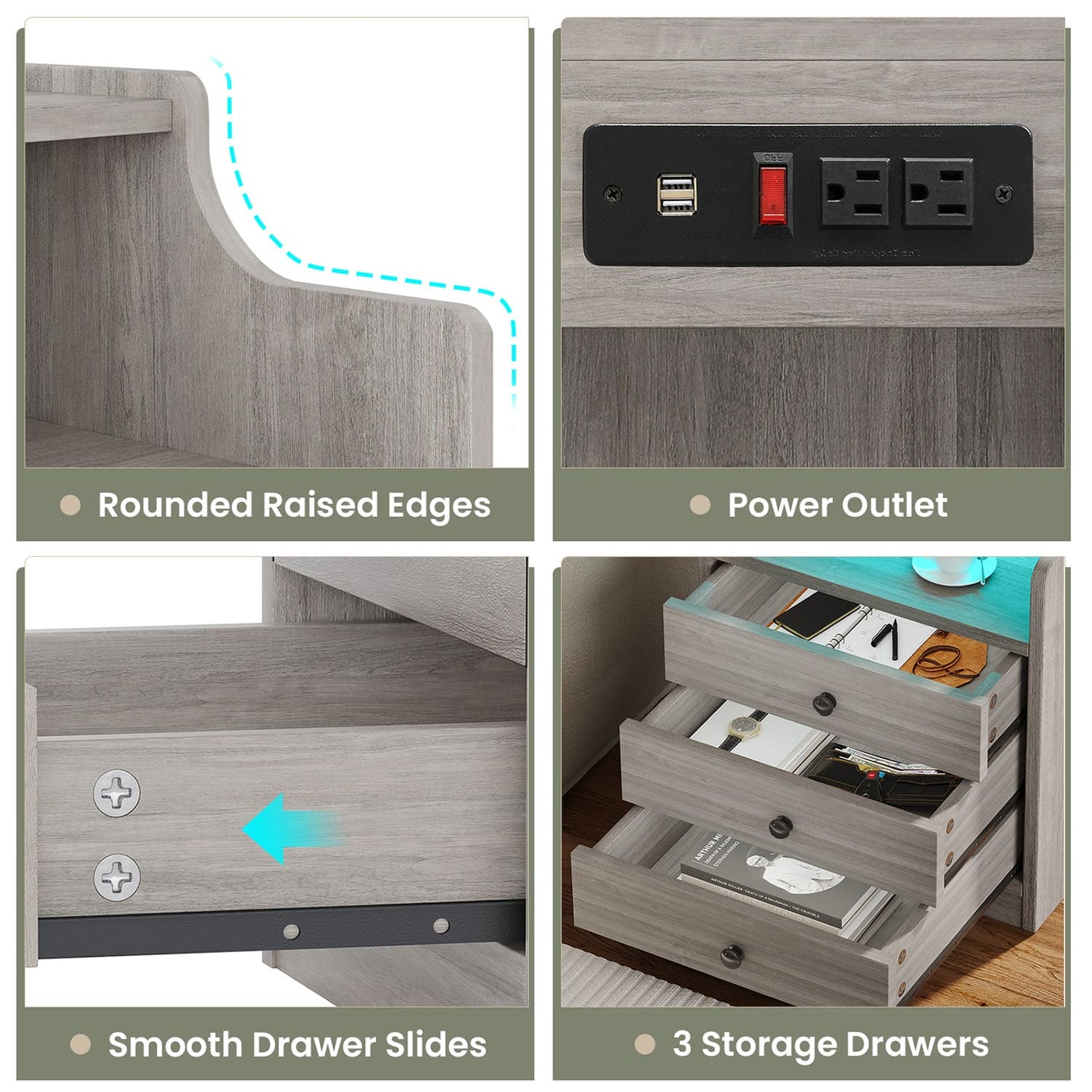 LED Nightstand with 3 Storage Drawers Grey